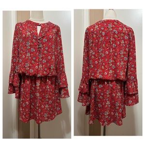 Harlowe & Graham Size Small Red Paisley Print Mini Dress Bell Sleeve.